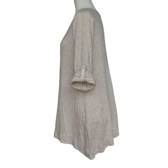 Sophie Max Tan Long Roll Tab Sleeves T-SHIRT V-neck Women Size M Relaxed Fit - Picture 3 of 6